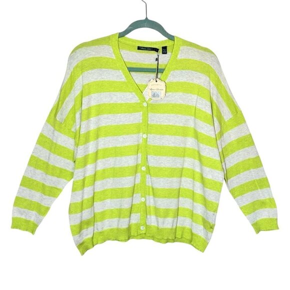 NWT Agave Denim Supima Cotton Cardigan Sz.L Lime Grey Striped Boxy Oversized - Picture 1 of 10